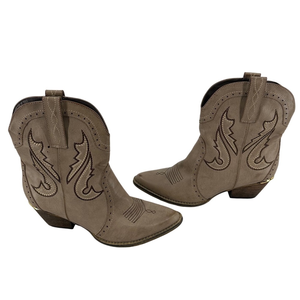 Very Volatile Los Angeles Taupe Western Ankle Boots Embroidery Gold Trim 10 boo